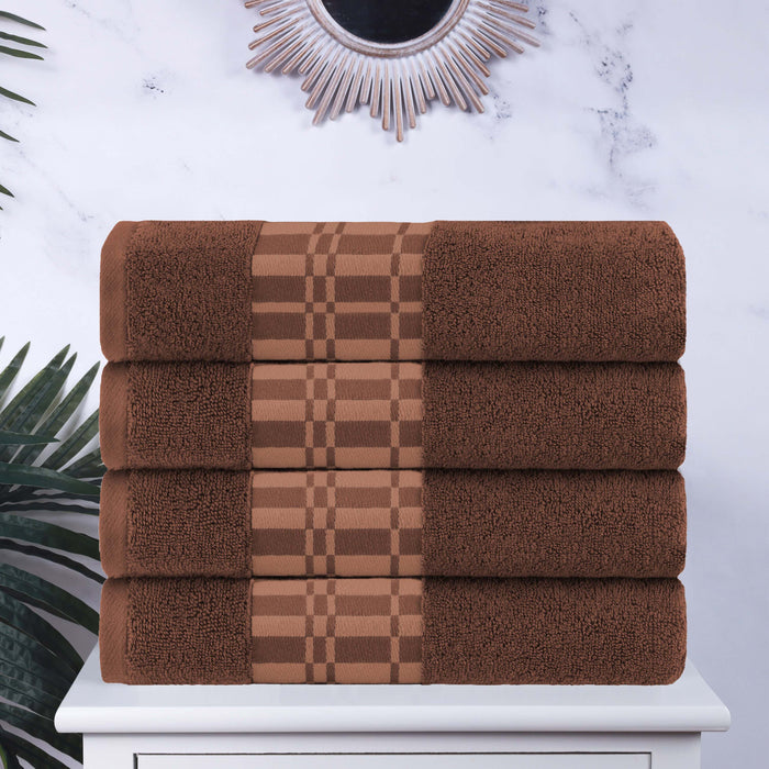 Larissa Cotton Geometric Embroidered Border Bath Towels, Set of 4 - Chocolate