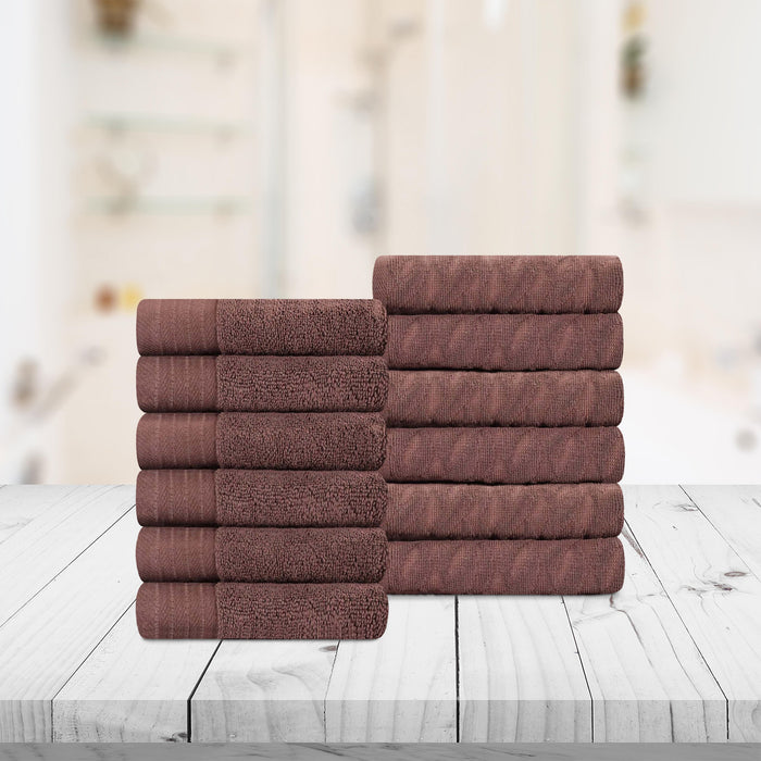 Turkish Cotton Jacquard Herringbone and Solid 12 Piece Face Towel Set - Chocolate