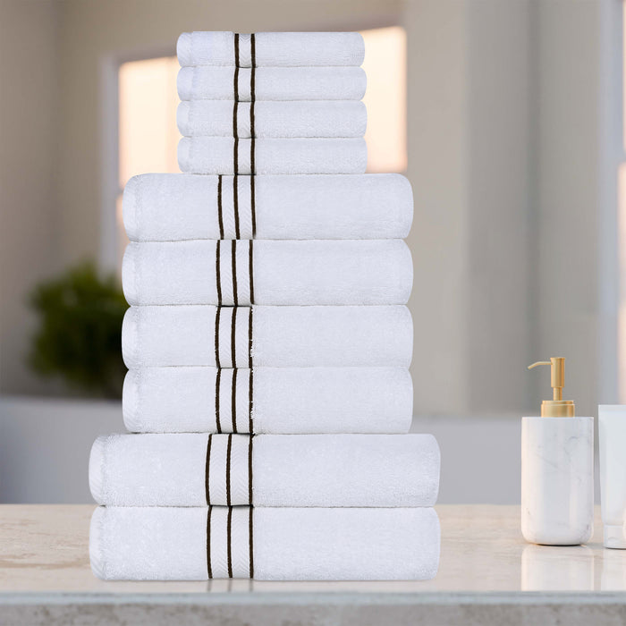 Turkish Cotton Ultra-Plush Solid 10-Piece Highly Absorbent Towel Set - White/Chocolate