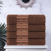 Cotton Geometric Embroidered Jacquard Border 4 Piece Bath Towel Set - Chocolate