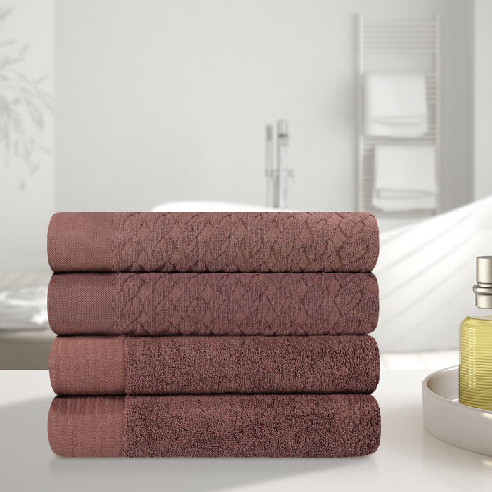 Turkish Cotton Jacquard Herringbone and Solid 4 Piece Bath Towel Set - Chocolate