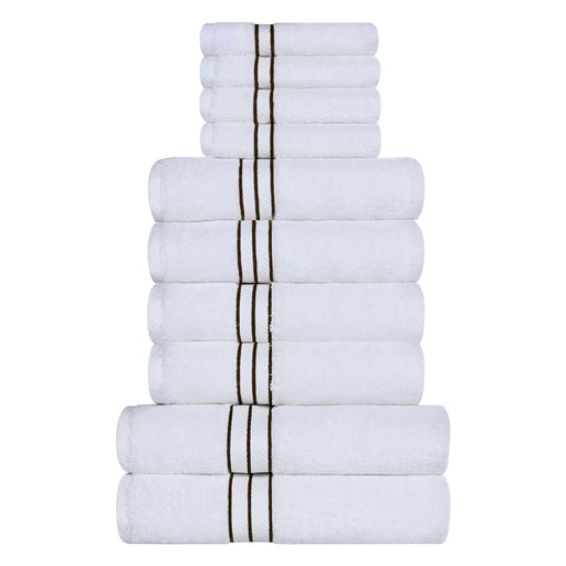 Turkish Cotton Ultra-Plush Solid 10-Piece Highly Absorbent Towel Set - White/Chocolate
