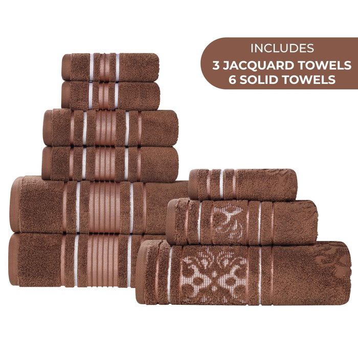 Sadie Zero Twist Cotton Solid and Jacquard Floral 9 Piece Towel Set