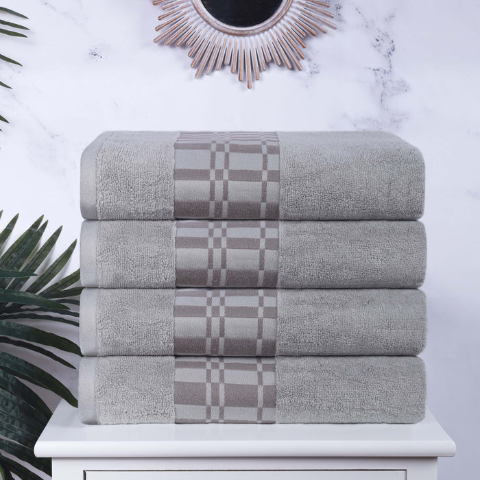 Larissa Cotton Geometric Embroidered Border Bath Towels, Set of 4 - Chrome