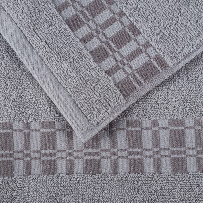 Cotton Geometric Embroidered Jacquard Border 4 Piece Bath Towel Set - Chrome