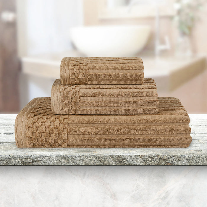 Soho Ribbed Textured Cotton Ultra-Absorbent 3-Piece Assorted Towel Set - Coffee