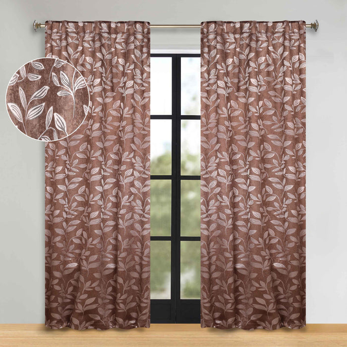 Superior Leaves Room Darkening Back Tab Blackout Curtains Panel Set