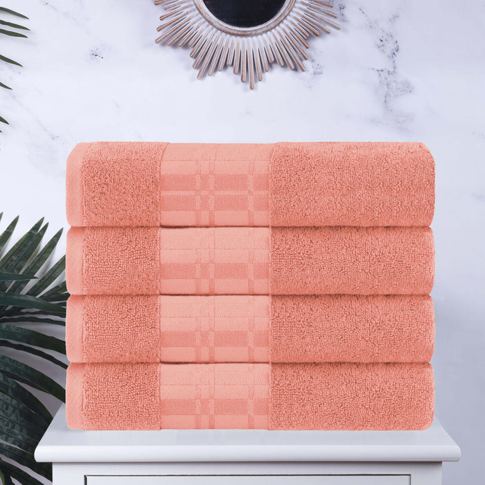 Cotton Geometric Embroidered Jacquard Border 4 Piece Bath Towel Set - Coral