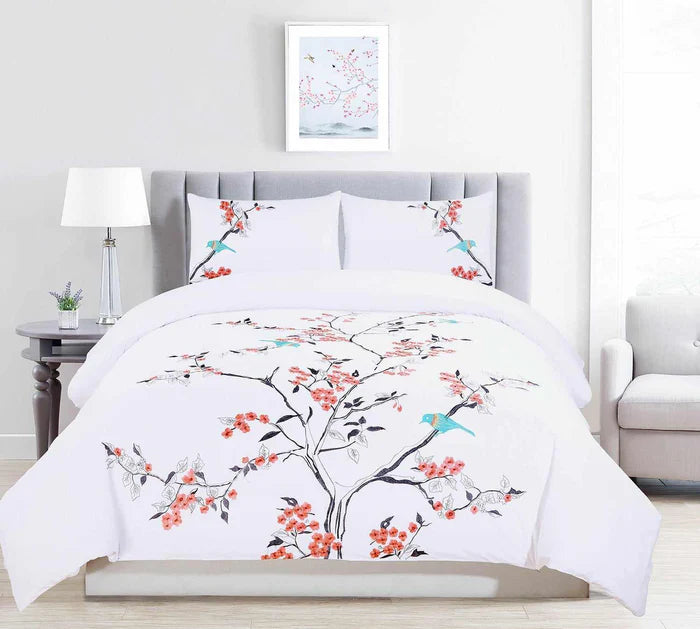 Cotton Cherry Blossom Floral Embroidered Duvet Cover Set - Coral