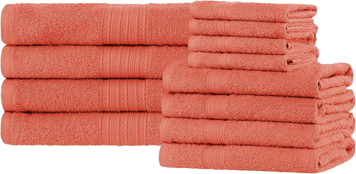 Cotton Eco Friendly Solid 12 Piece Towel Set - Coral