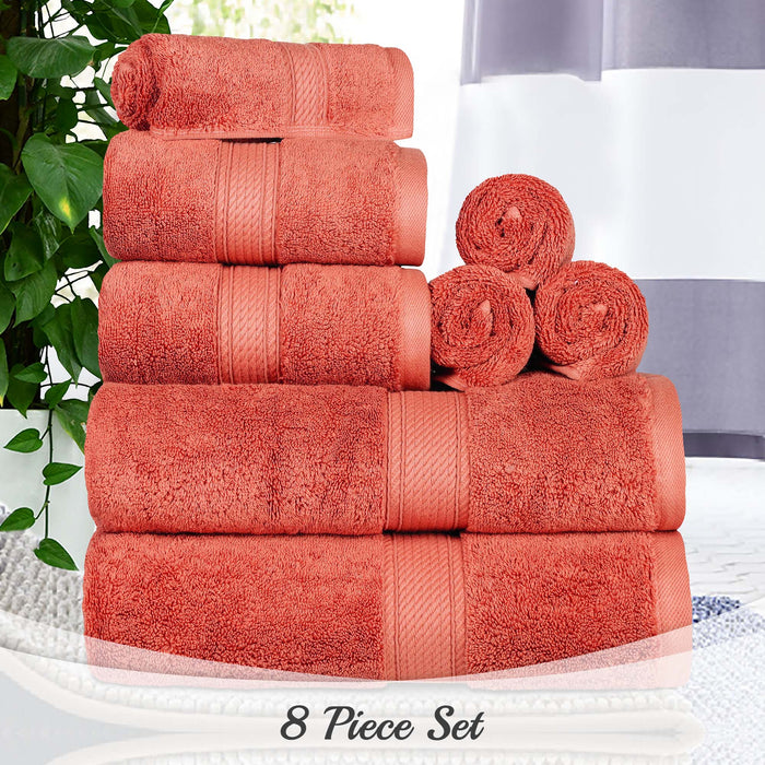 Egyptian Cotton Pile Plush Heavyweight Absorbent 8 Piece Towel Set - Coral