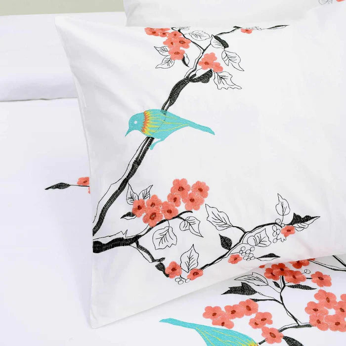 Cotton Cherry Blossom Floral Embroidered Duvet Cover Set - Coral