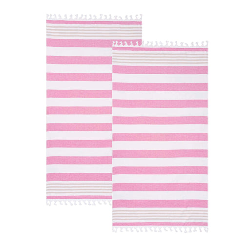 Coastal Resort Stripe Fouta 2 Piece Beach Towel with Tassels - Coral