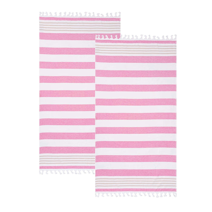 Coastal Resort Stripe Fouta 2 Piece Beach Towel with Tassels - Coral