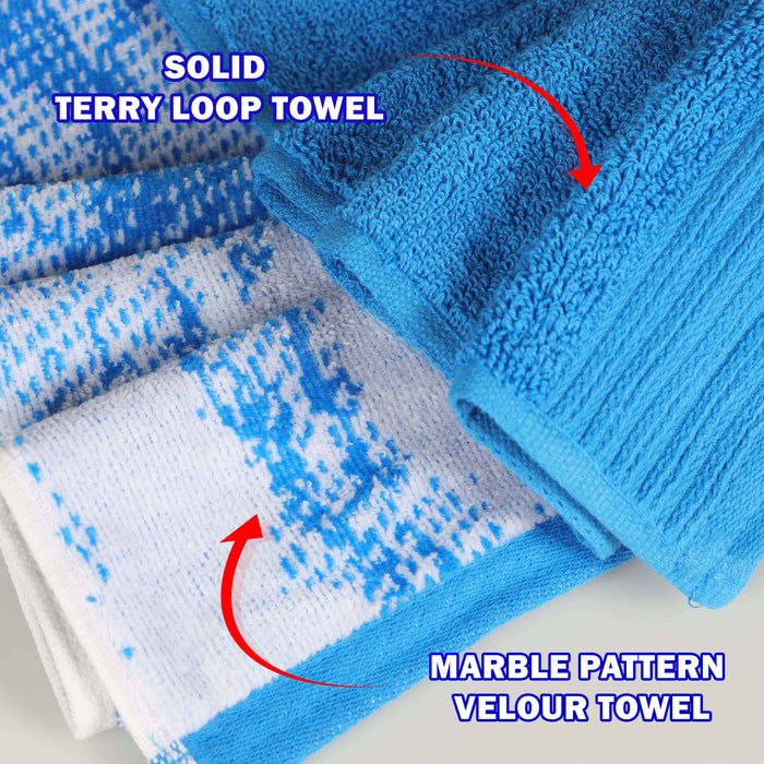 Cotton Quick-Drying Solid and Marble 10 Piece Towel Set - Blue