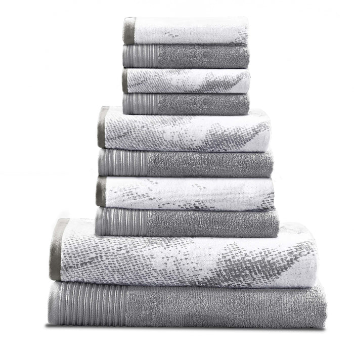 Cotton Quick-Drying Solid and Marble 10 Piece Towel Set - Grey