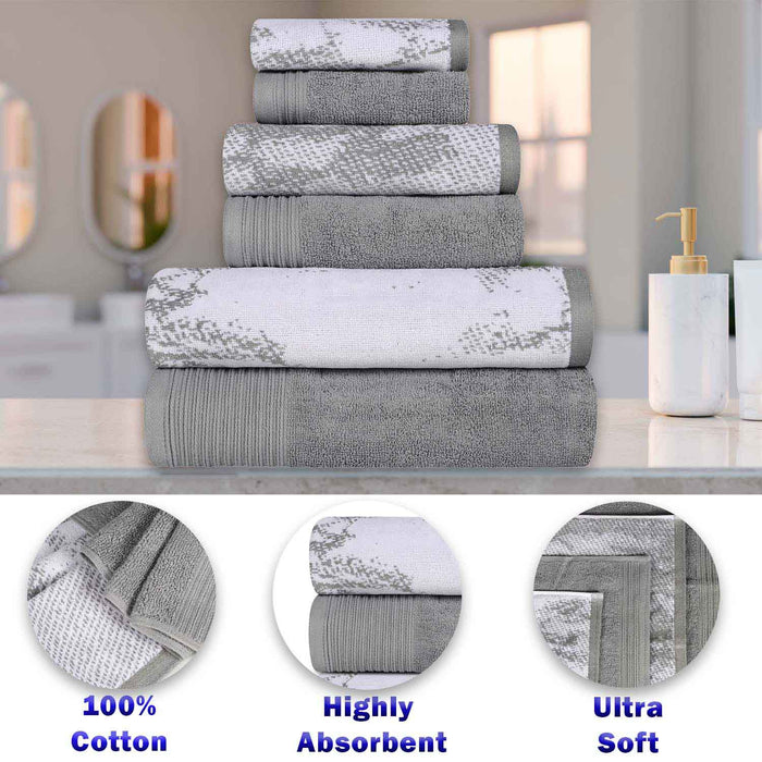 Cotton Quick-Drying Solid and Marble 10 Piece Towel Set - Grey