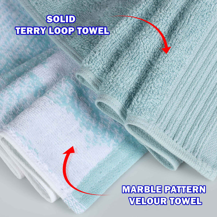 Cotton Quick-Drying Solid and Marble 6 Piece Towel Set - Teal