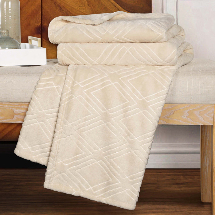Diamond Flannel Fleece Plush Ultra Soft Blanket - Cream