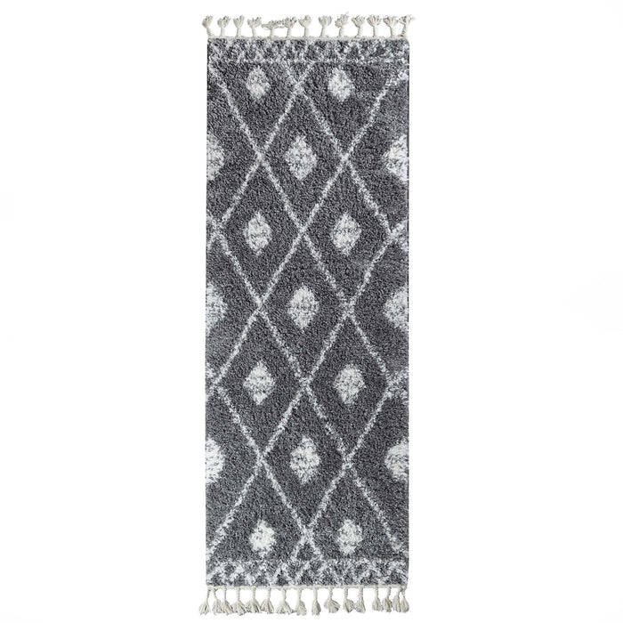 Serafina Boho Tribal Geometric Indoor Shag Area Rug with Tassels - Cream/Black