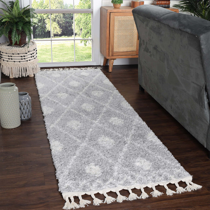 Serafina Boho Tribal Geometric Indoor Shag Area Rug with Tassels - Cream/Grey