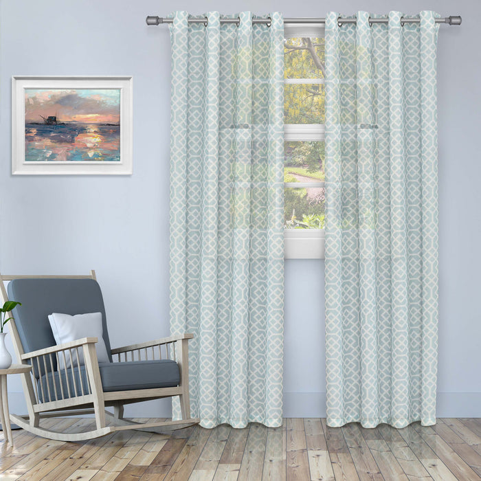 Printed Honey Comb Sheer Curtain Panel Set with Grommet Top Header - Cyan