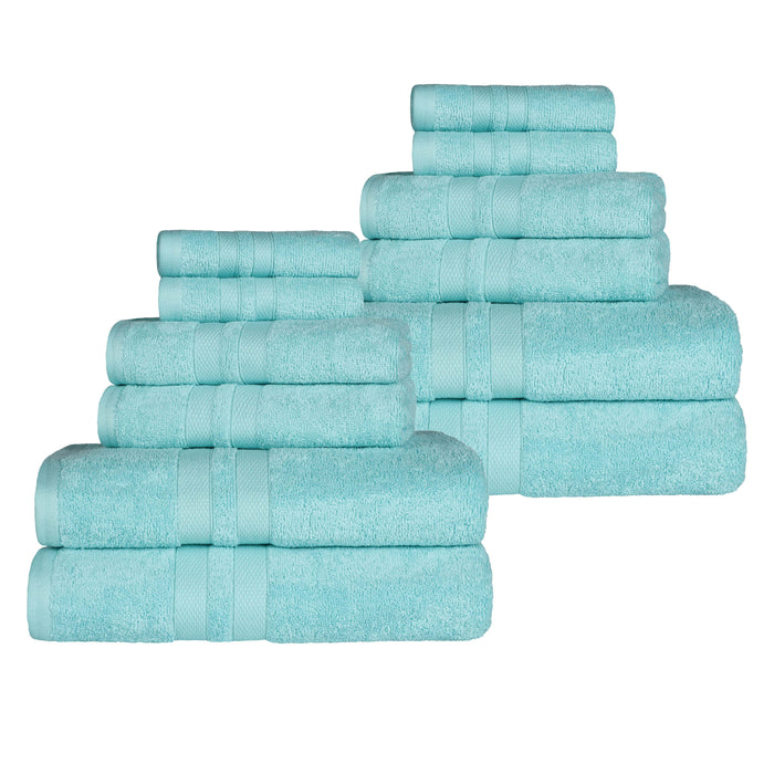 Ultra-Soft Cotton Absorbent Quick-Drying 12 Piece Assorted Towel Set - Cyan