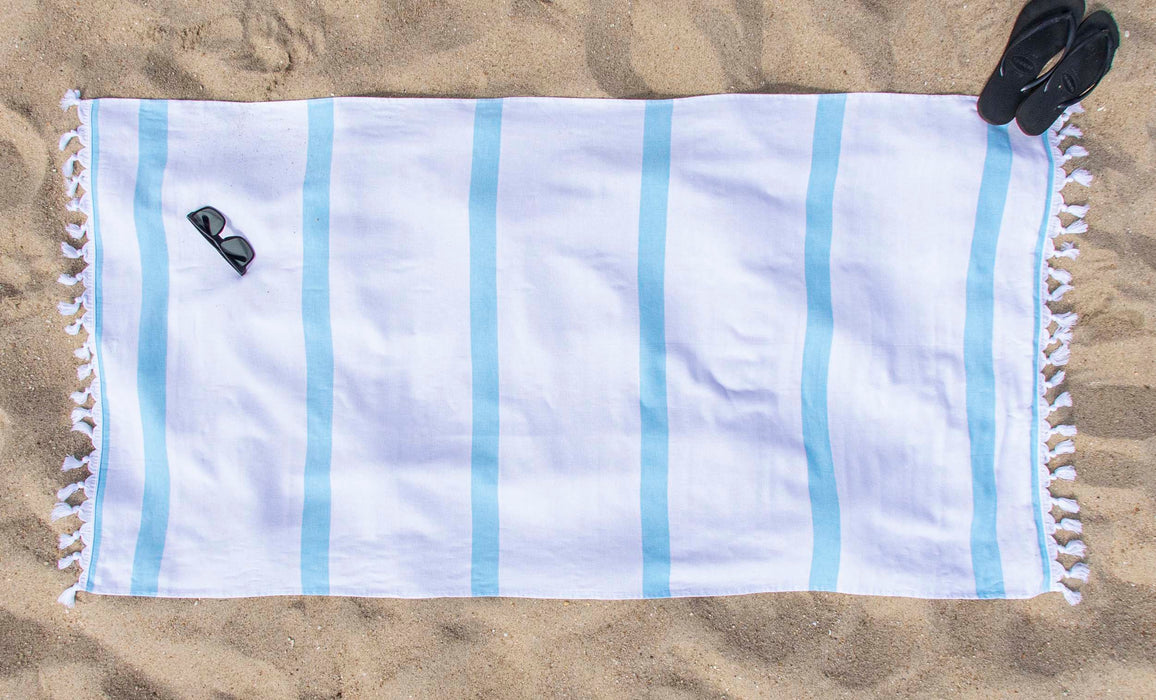 Tropical Cabana Stripe Fouta 2 Piece Beach Towel with Tassels - Cyan