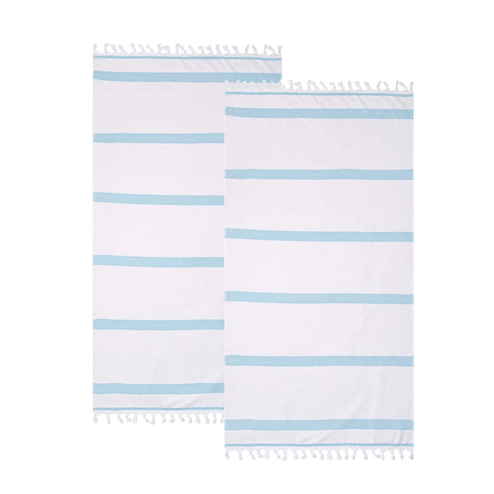 Tropical Cabana Stripe Fouta 2 Piece Beach Towel with Tassels - Cyan