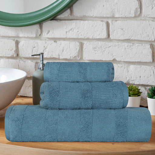 Ribbed Turkish Cotton Quick-Dry Solid 3 Piece Assorted Towel Set - Denim Blue