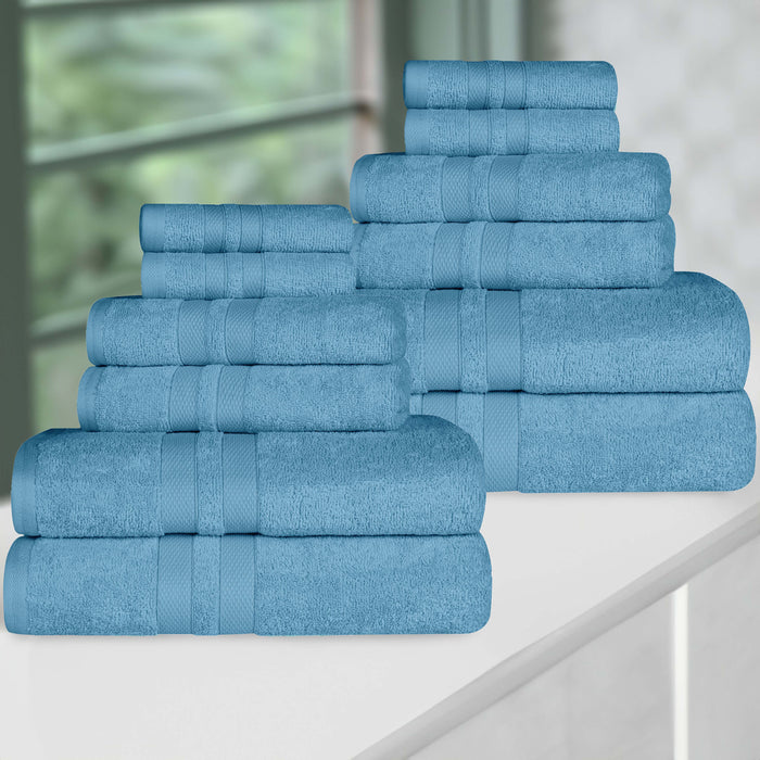 Ultra-Soft Cotton Absorbent Quick-Drying 12 Piece Assorted Towel Set - DenimBlue