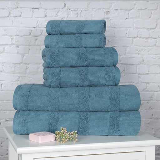 Ribbed Turkish Cotton Quick-Dry Solid 6 Piece Assorted Towel Set - Denim Blue