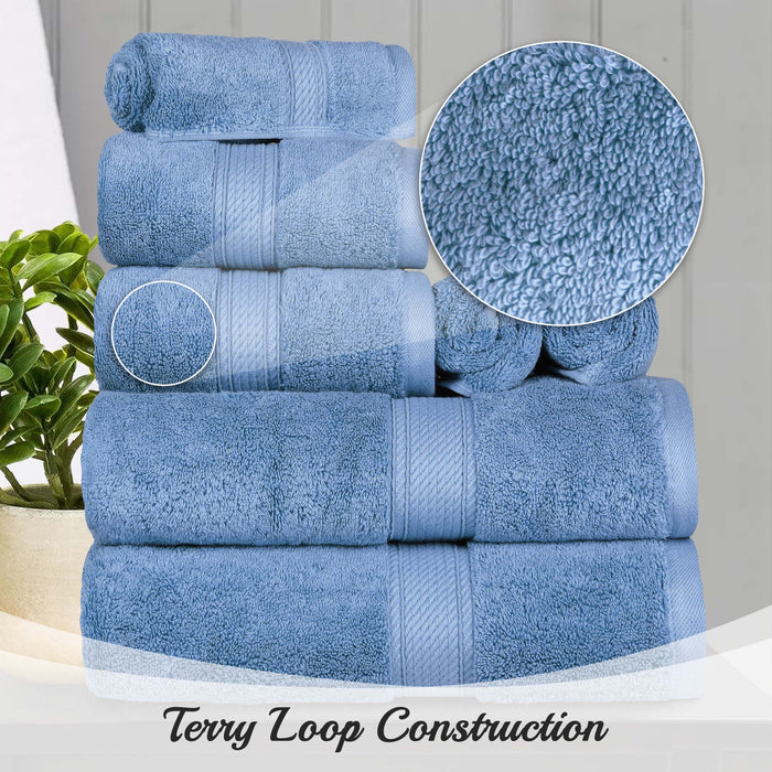 Egyptian Cotton Pile Plush Heavyweight Absorbent 8 Piece Towel Set - Denim  Blue