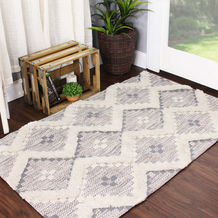 Talluah Hand-Tufted Cotton/Wool Textured Geometric Farmhouse Area Rug - Dove/Grey