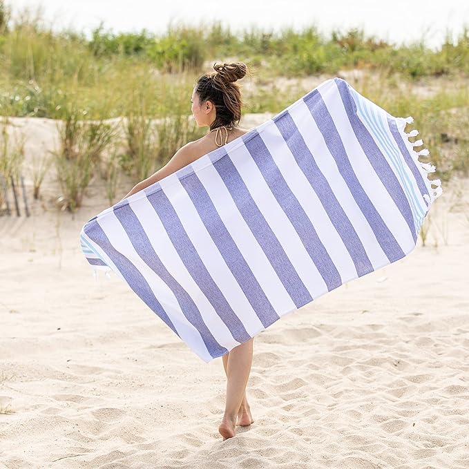 Coastal Resort Stripe Fouta 2 Piece Beach Towel with Tassels - DuskyBlue