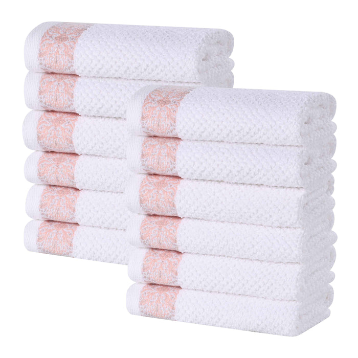 Medallion Cotton Jacquard Textured Face Towels/ Washcloths, Set of 12 - Emberglow