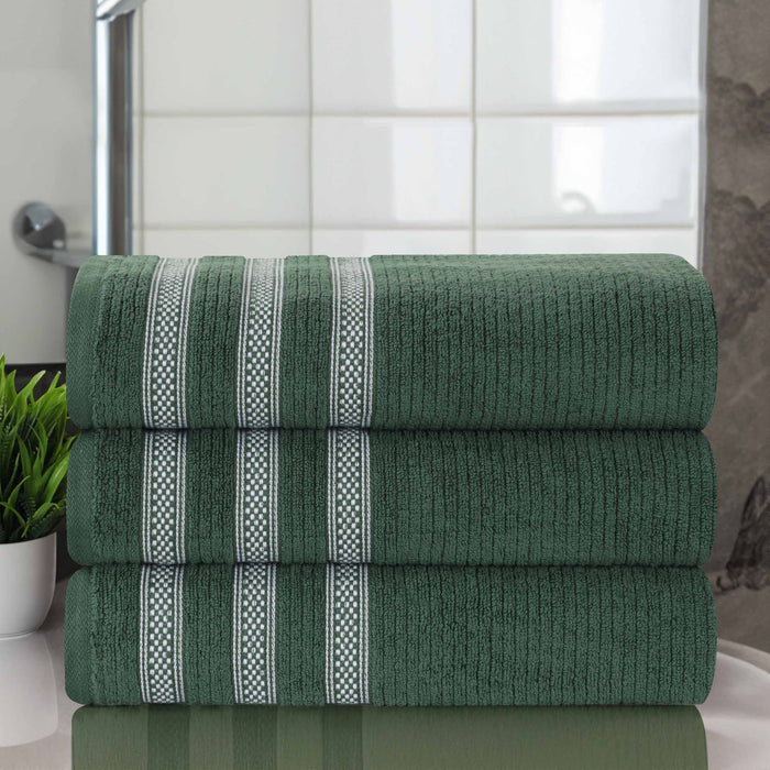 Zero Twist Cotton Ribbed Geometric Border Plush Bath Towel Set of 3