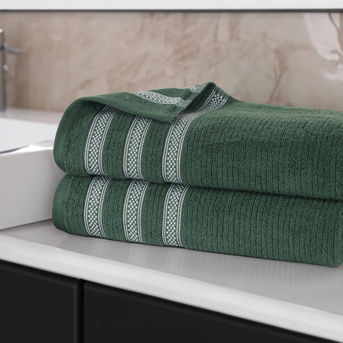 Zero Twist Cotton Ribbed Geometric Border Plush Bath Sheet Set of 2