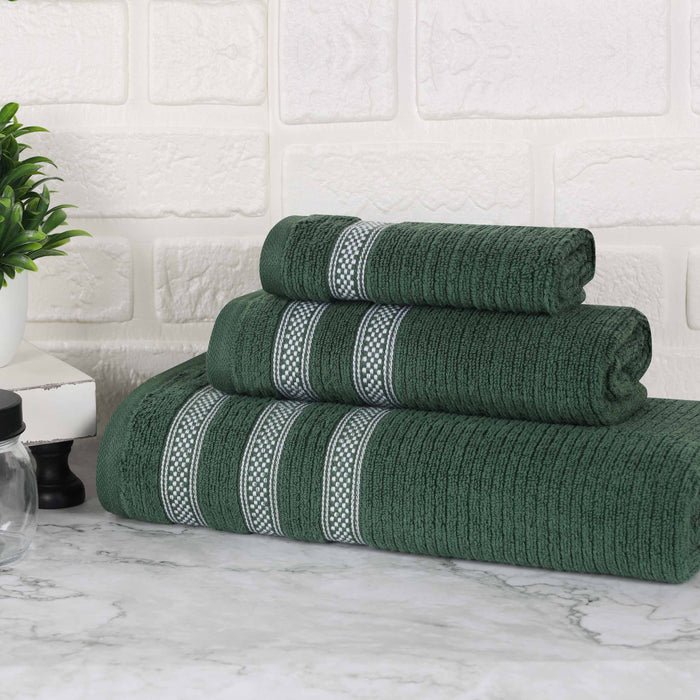 Zero Twist Cotton Ribbed Geometric Border Plush 3 Piece Towel Set