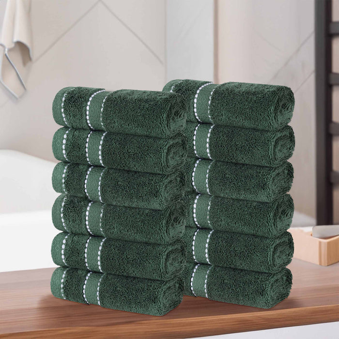Niles Egypt Produced Giza Cotton Dobby Face Towel Washcloth Set of 12 - Forrest Green
