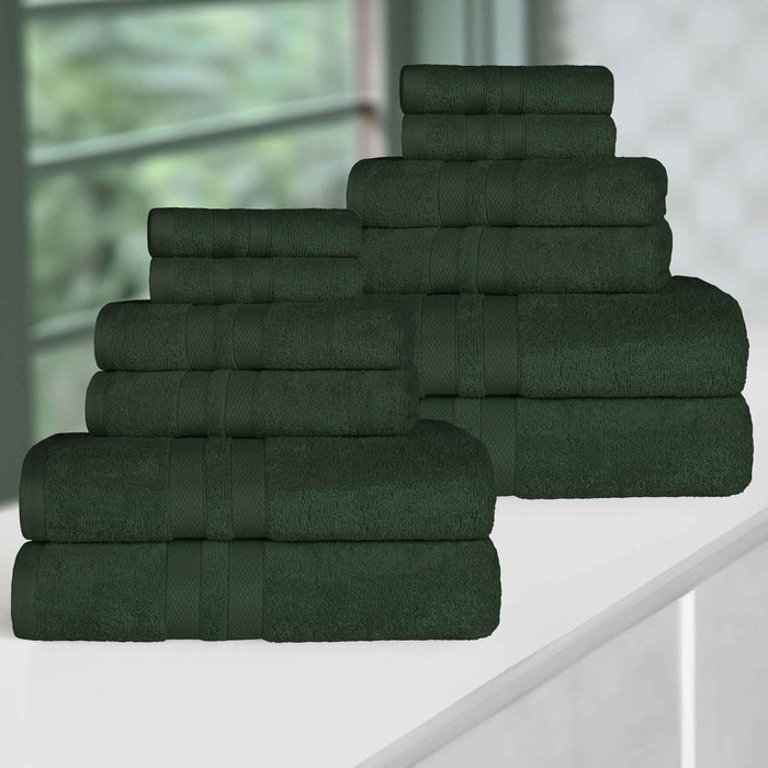 Ultra-Soft Cotton Absorbent Quick-Drying 12 Piece Assorted Towel Set - ForrestGreen