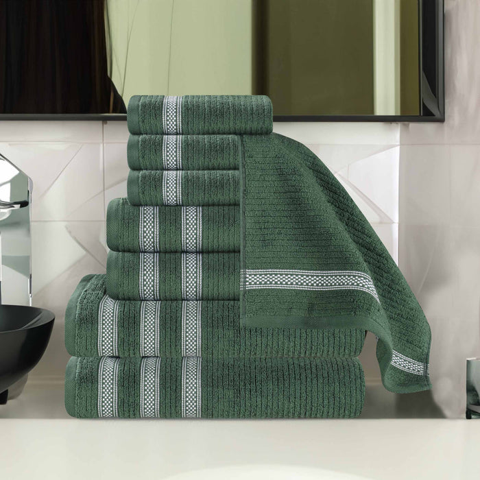 Zero Twist Cotton Ribbed Geometric Border Plush 8-Piece Towel Set - Forrest Green