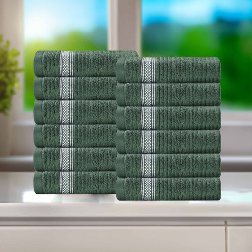Zero Twist Cotton Ribbed Geometric Border Plush Face Towel Set of 12 - Forrest Green