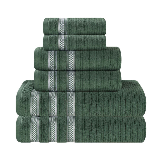 Zero Twist Cotton Ribbed Geometric Border Plush 6-Piece Towel Set - Forrest Green