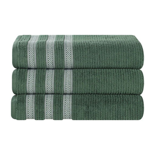Zero Twist Cotton Ribbed Geometric Border Plush Bath Towel Set of 3 - Forrest Green