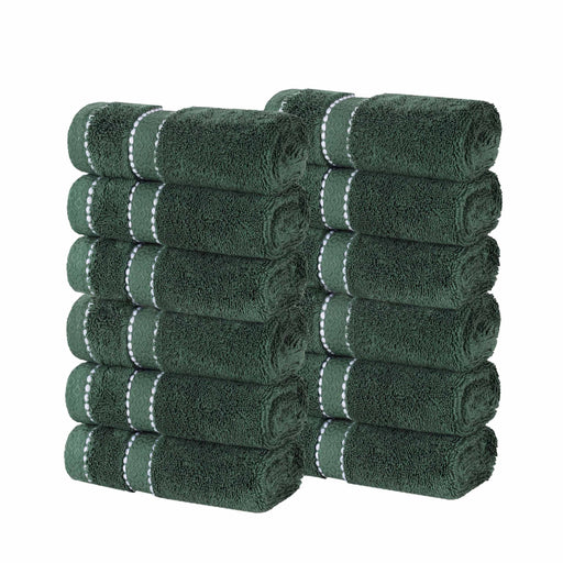 Niles Egypt Produced Giza Cotton Dobby Face Towel Washcloth Set of 12 - Forrest Green