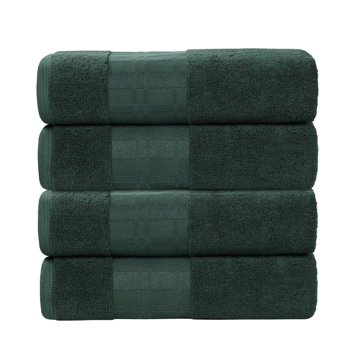 Larissa Cotton Geometric Embroidered Border Bath Towels, Set of 4 - ForestGreen