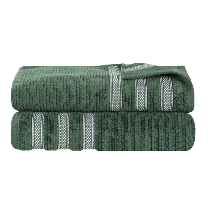 Zero Twist Cotton Ribbed Geometric Border Plush Bath Sheet Set of 2 - Forrest Green
