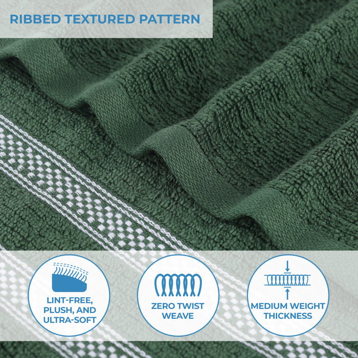 Zero Twist Cotton Ribbed Geometric Border Plush 3 Piece Towel Set - Forrest Green