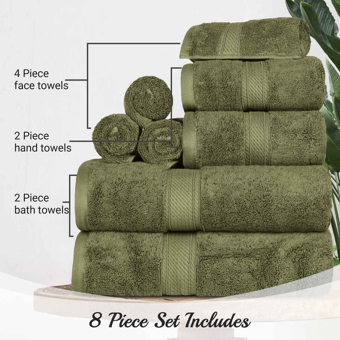 Egyptian Cotton Pile Plush Heavyweight Absorbent 8 Piece Towel Set - ForestGreen